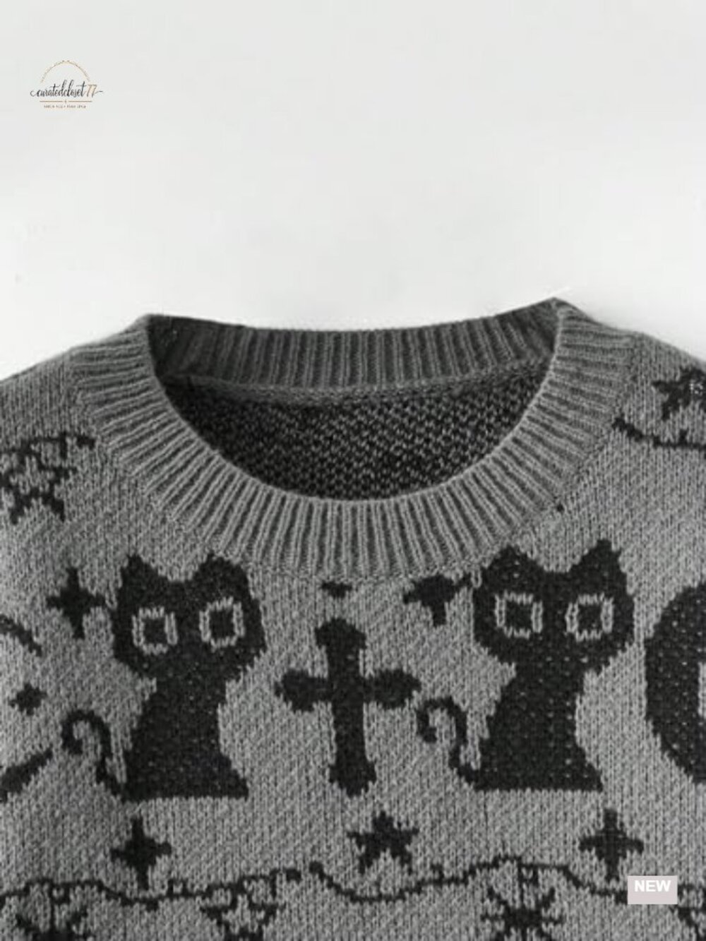Goth Cartoon Cat Moon Print Knit Sweater Pullover Loose Fit Crew Neck Top - Picture 2 of 4